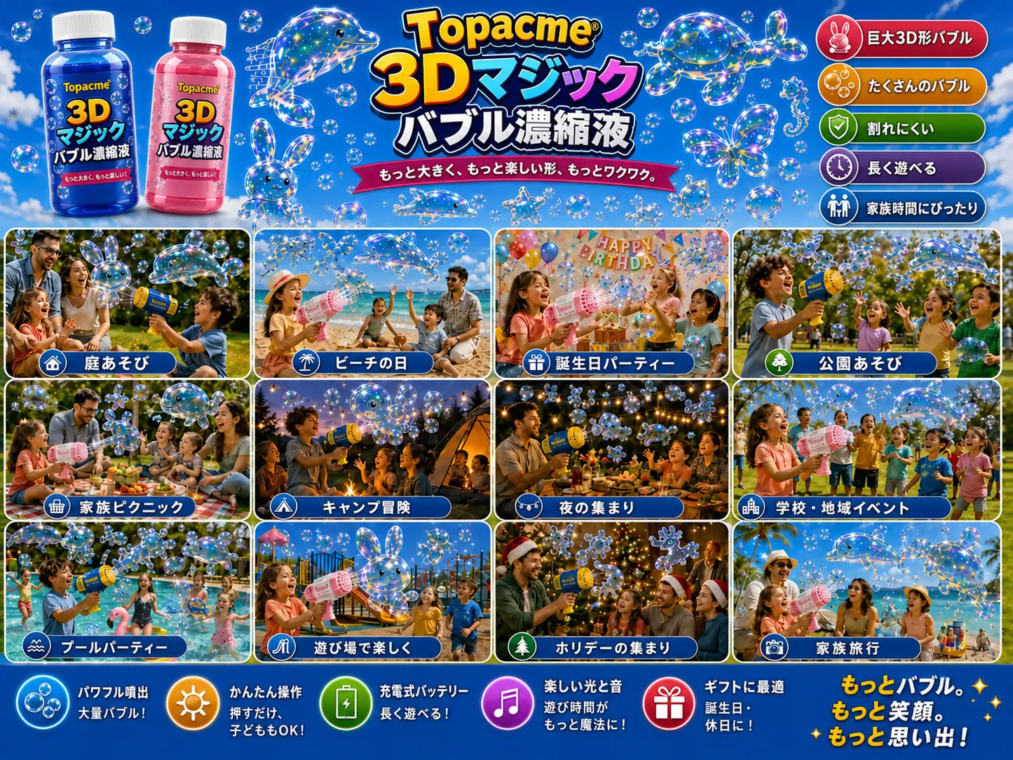 Topacme® 3D形状シャボン玉 濃縮液 動物や海のなかまたちが、ふわっと空に広がる 💧