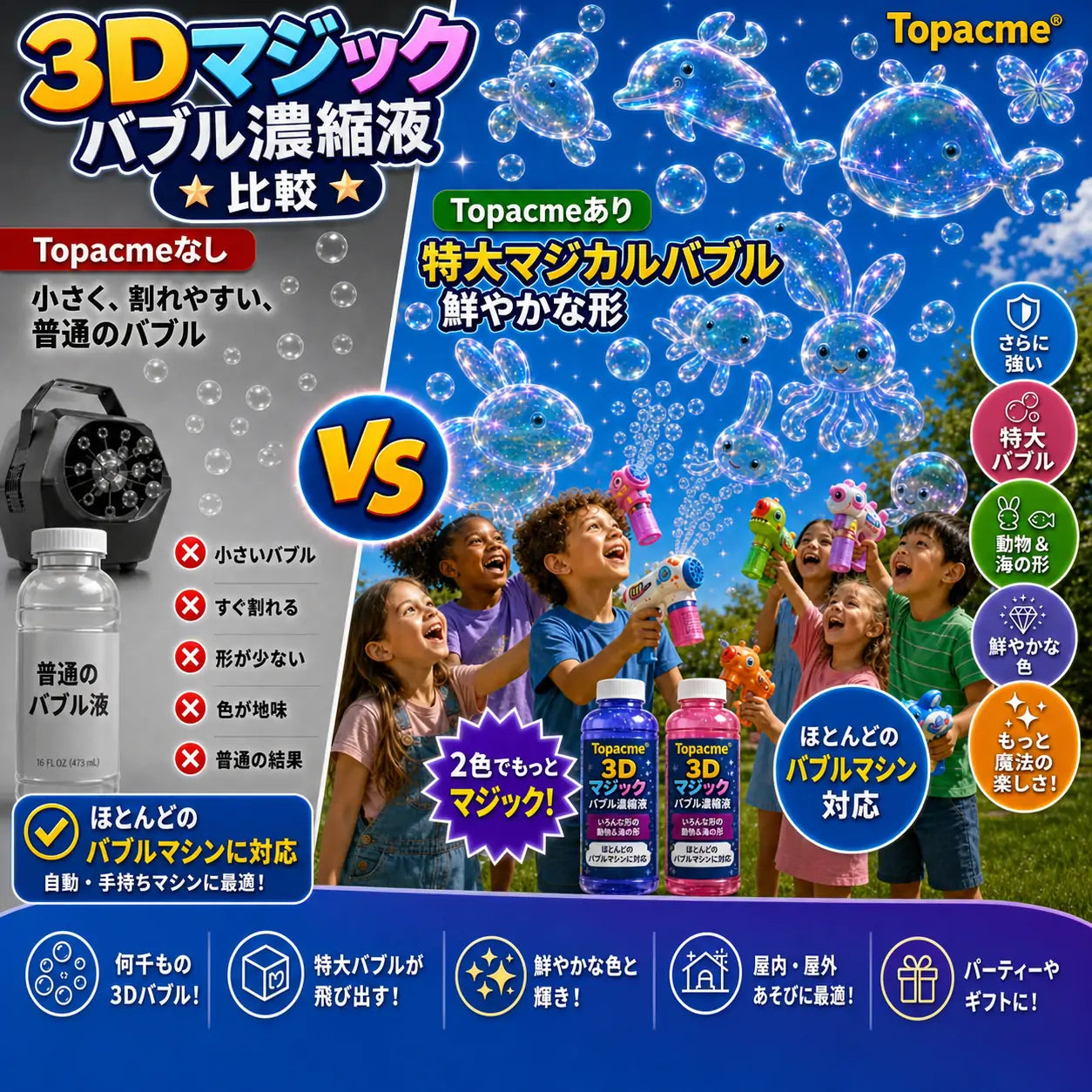 Topacme® 3D形状シャボン玉 濃縮液 動物や海のなかまたちが、ふわっと空に広がる 💧
